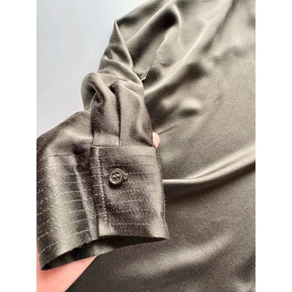 VINCE Olive Green Silk Charmeuse Split Neck Relaxed Tunic Blouse, Size S - Picture 11 of 15